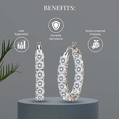 Moissanite 12.80 ctw Earrings in Rhodium Over Sterling Silver, Inside Out Hoop, Silver Hoops For Women