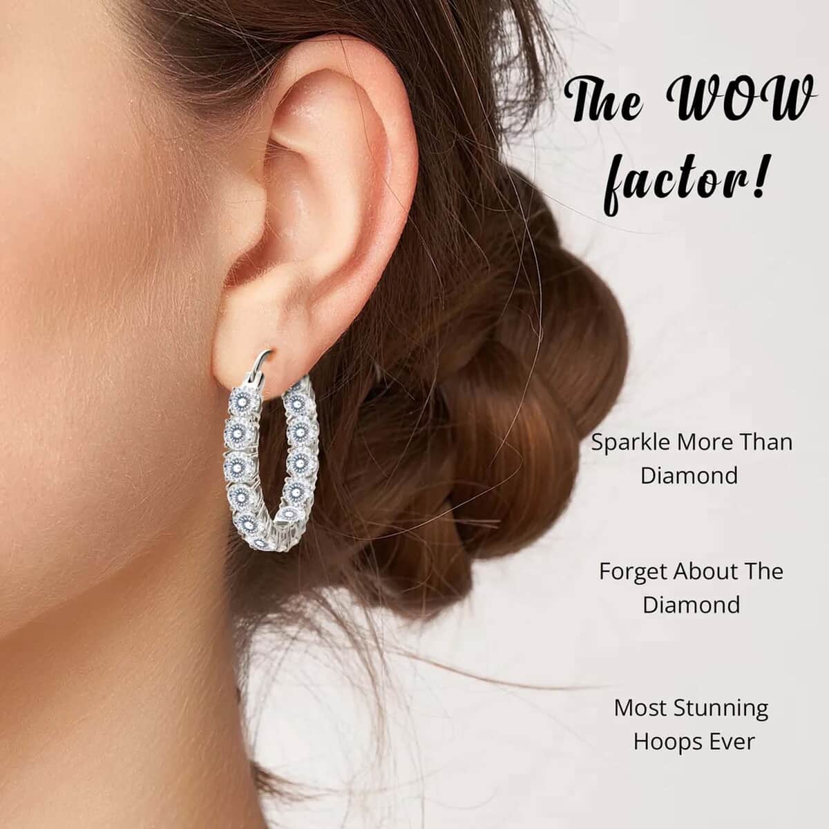 Moissanite Earrings in Rhodium Over Sterling Silver, Inside Out Hoop, Silver Hoops For Women 12.80 ctw image number 4