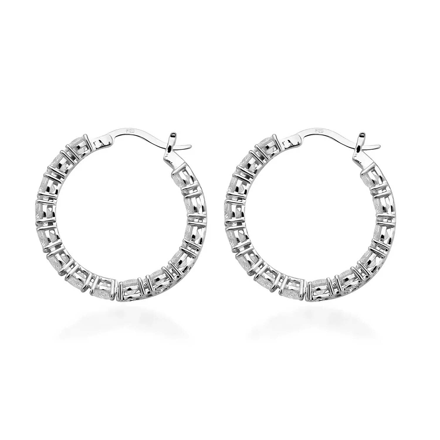 Moissanite 12.80 ctw Earrings in Rhodium Over Sterling Silver, Inside Out Hoop, Silver Hoops For Women