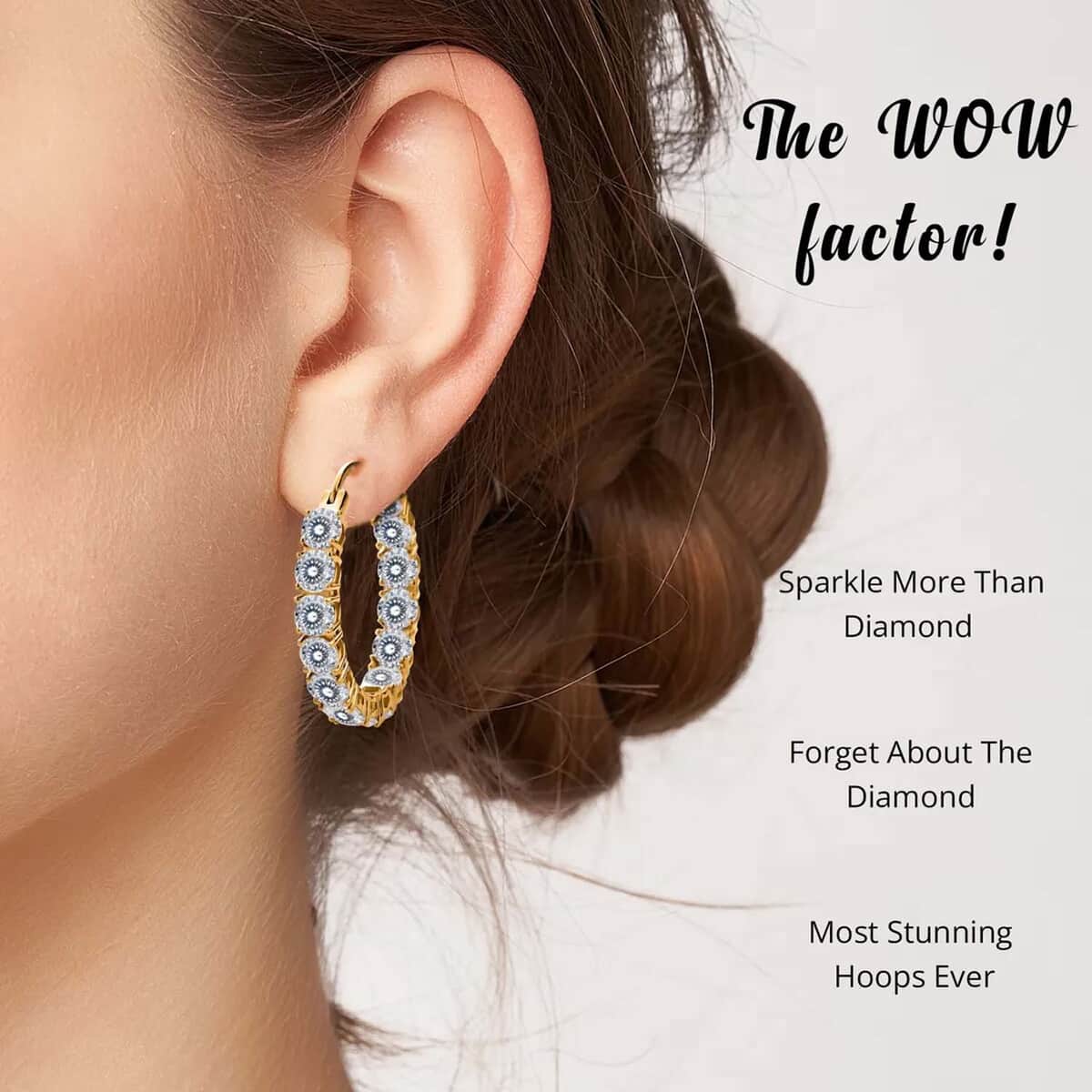 Moissanite 12.80 ctw Earrings in Vermeil YG Over Sterling Silver, Inside Out Hoop, Silver Hoops For Women image number 4