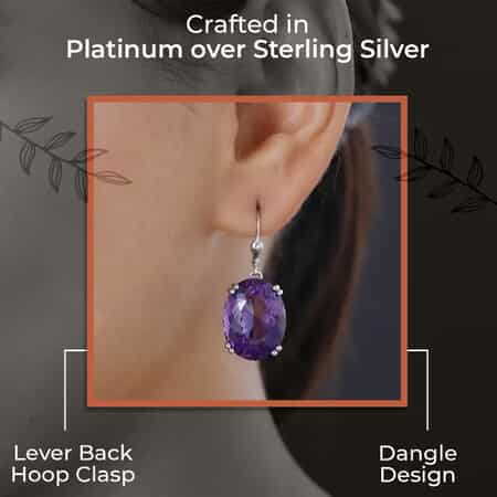 Amethyst Earrings, Amethyst Drop Earrings In Platinum Plated Sterling Silver, Lever Back Silver Earrings, Solitaire Earrings For Women 40.00 ctw image number 2