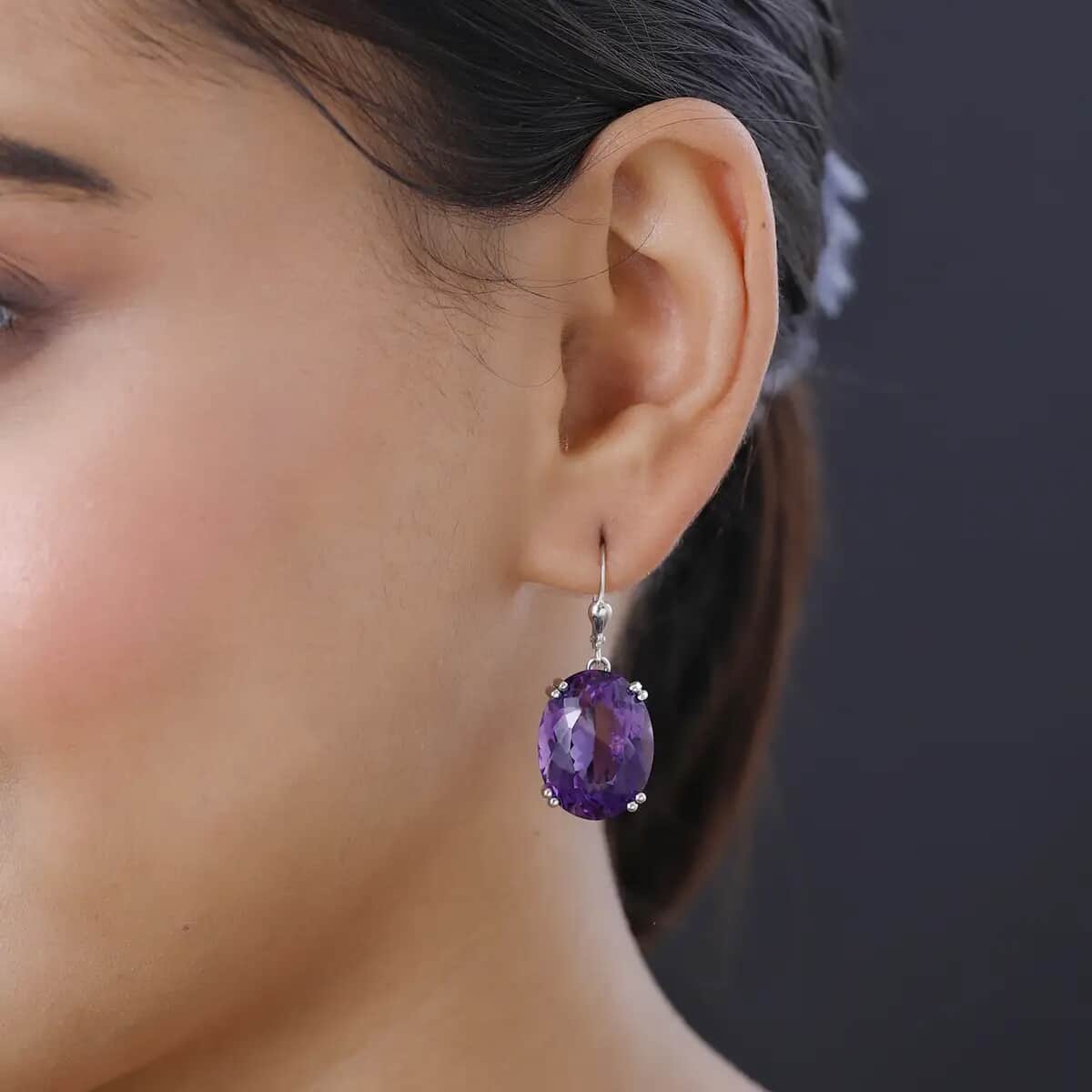 TLV African Amethyst Solitaire Lever Back Earrings in Platinum Over Sterling Silver 41.30 ctw image number 4