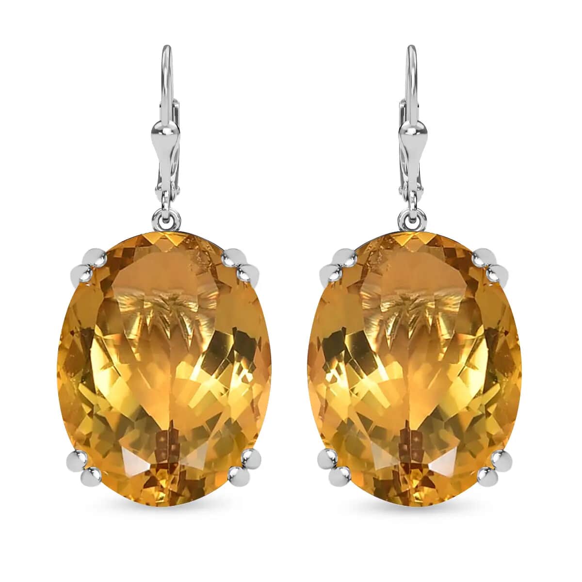 Brazilian Citrine Dangle Earrings In Platinum Plated Sterling Silver, Lever Back Silver Earrings, Solitaire Earrings For Women 40.00 ctw image number 0