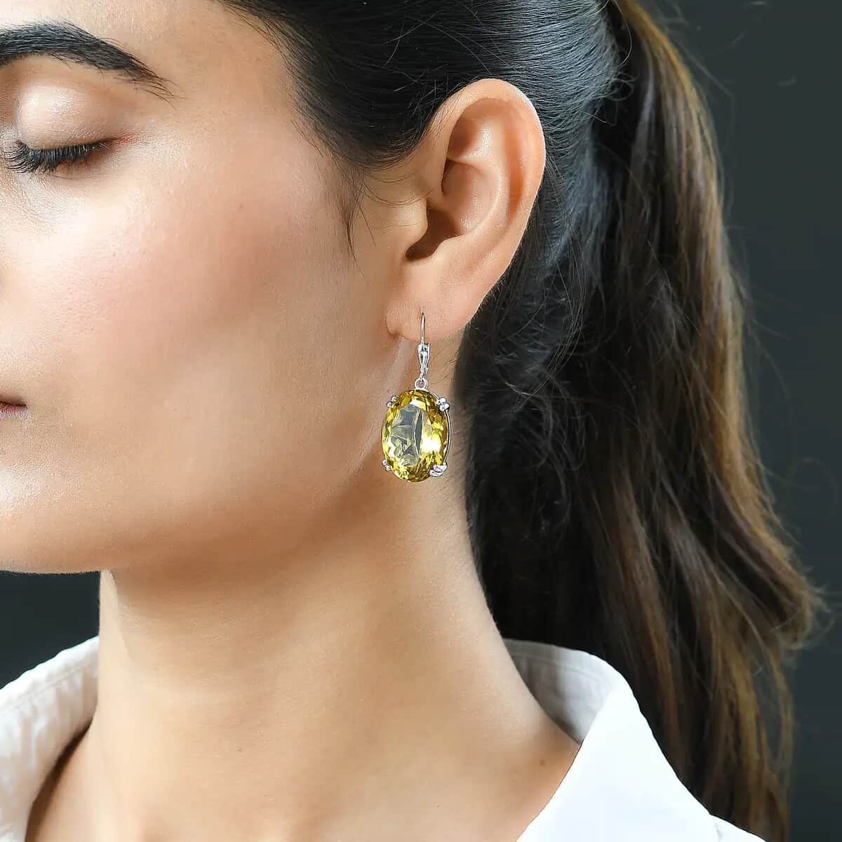 Brazilian Citrine Dangle Earrings In Platinum Plated Sterling Silver, Lever Back Silver Earrings, Solitaire Earrings For Women 40.00 ctw image number 4