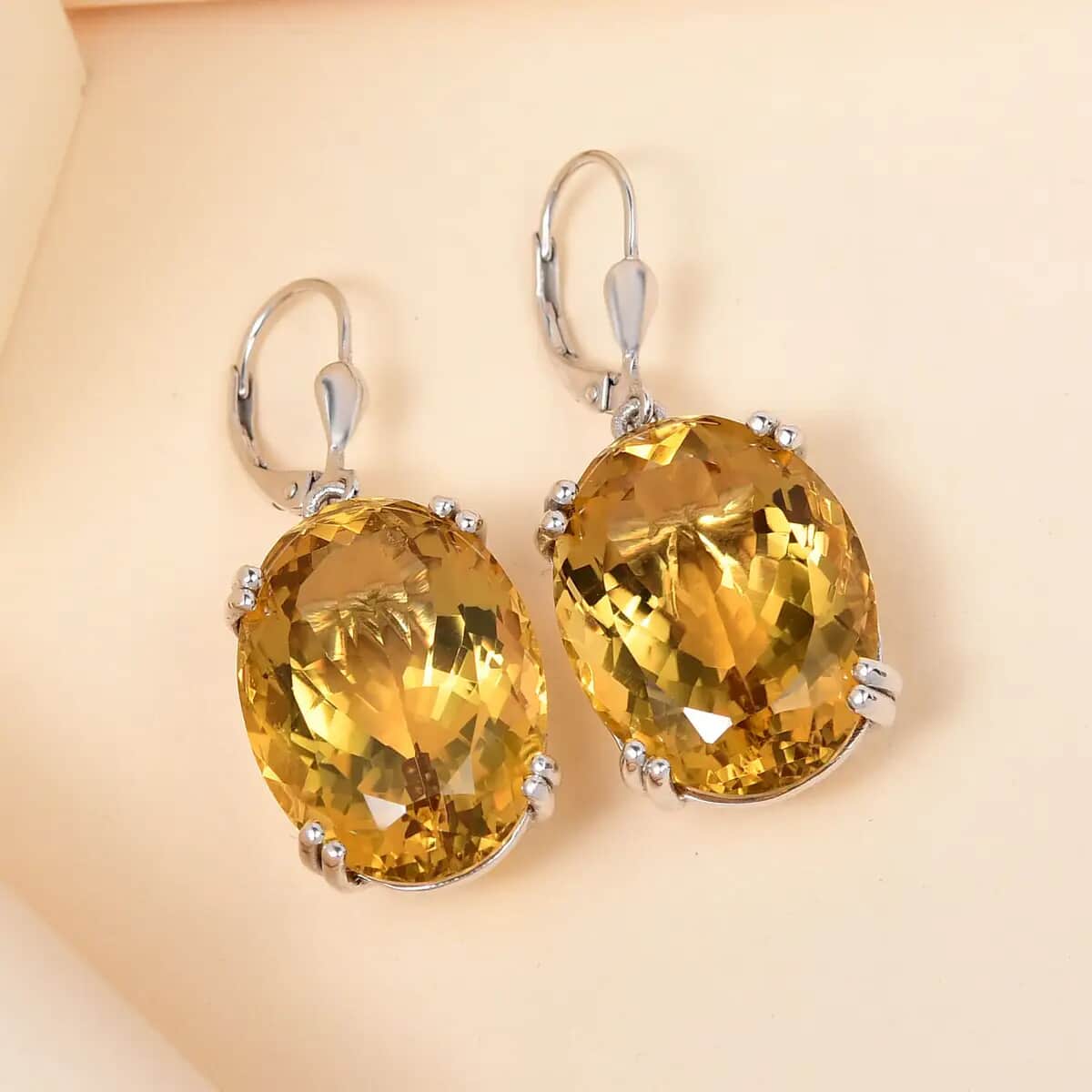 Brazilian Citrine Dangle Earrings In Platinum Plated Sterling Silver, Lever Back Silver Earrings, Solitaire Earrings For Women 40.00 ctw image number 5