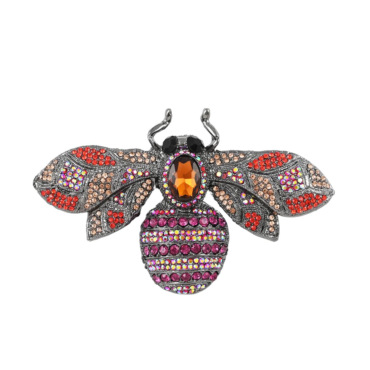 Simulated Brown Pearl and Multi Color Austrian Crystal Bee Brooch in Black Silvertone image number 0