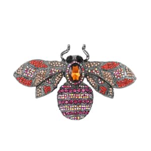 Simulated Brown Pearl and Multi Color Austrian Crystal Bee Brooch in Black Silvertone