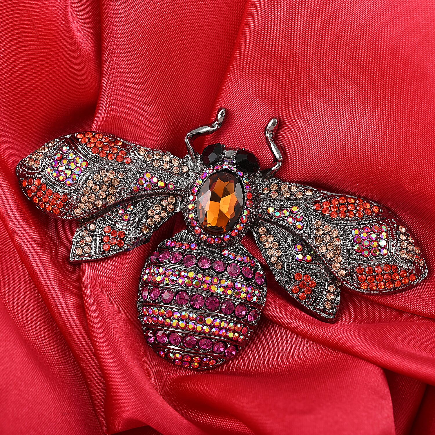 Simulated Brown Pearl and Multi Color Austrian Crystal Bee Brooch in Black Silvertone