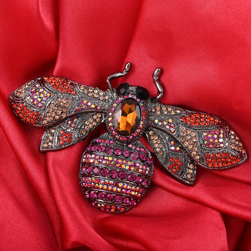Simulated Brown Pearl and Multi Color Austrian Crystal Bee Brooch in Black Silvertone