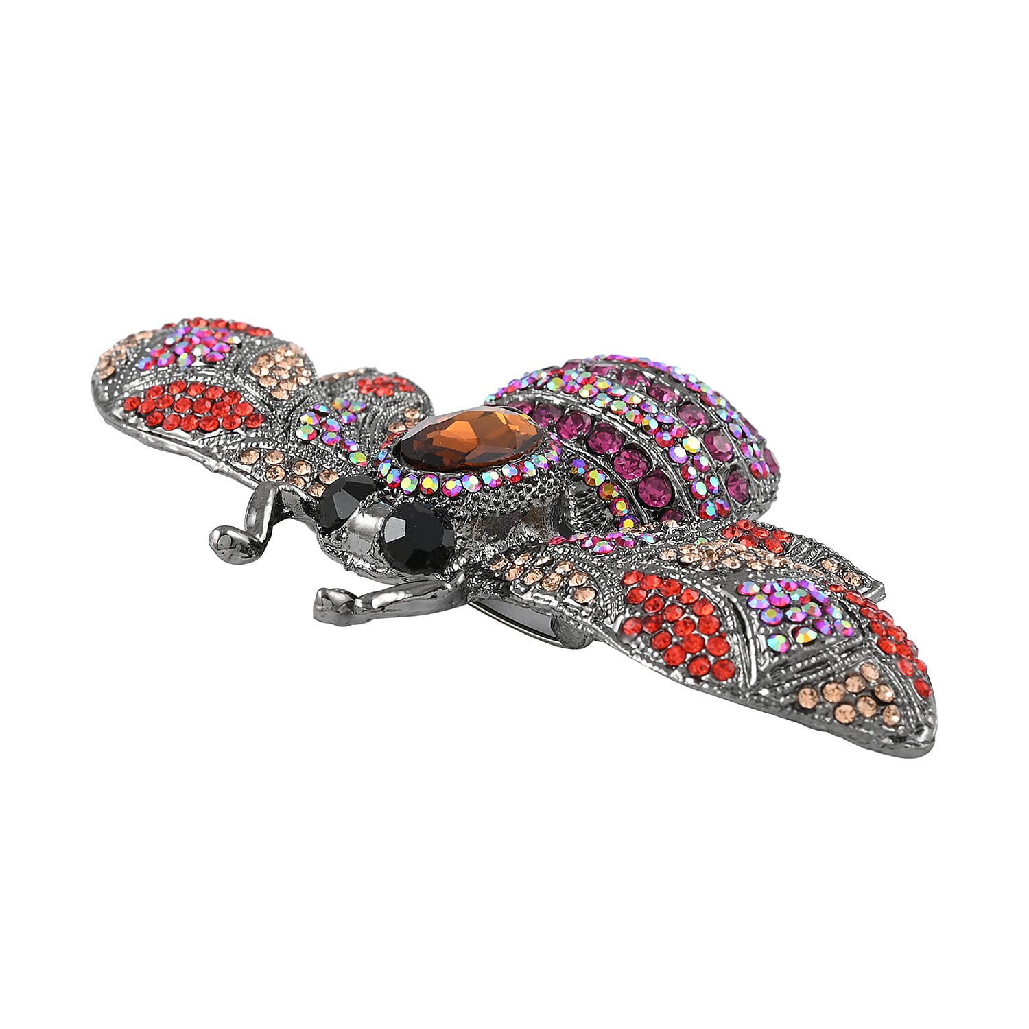 Simulated Brown Pearl and Multi Color Austrian Crystal Bee Brooch in Black Silvertone