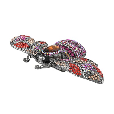 Simulated Brown Pearl and Multi Color Austrian Crystal Bee Brooch in Black Silvertone