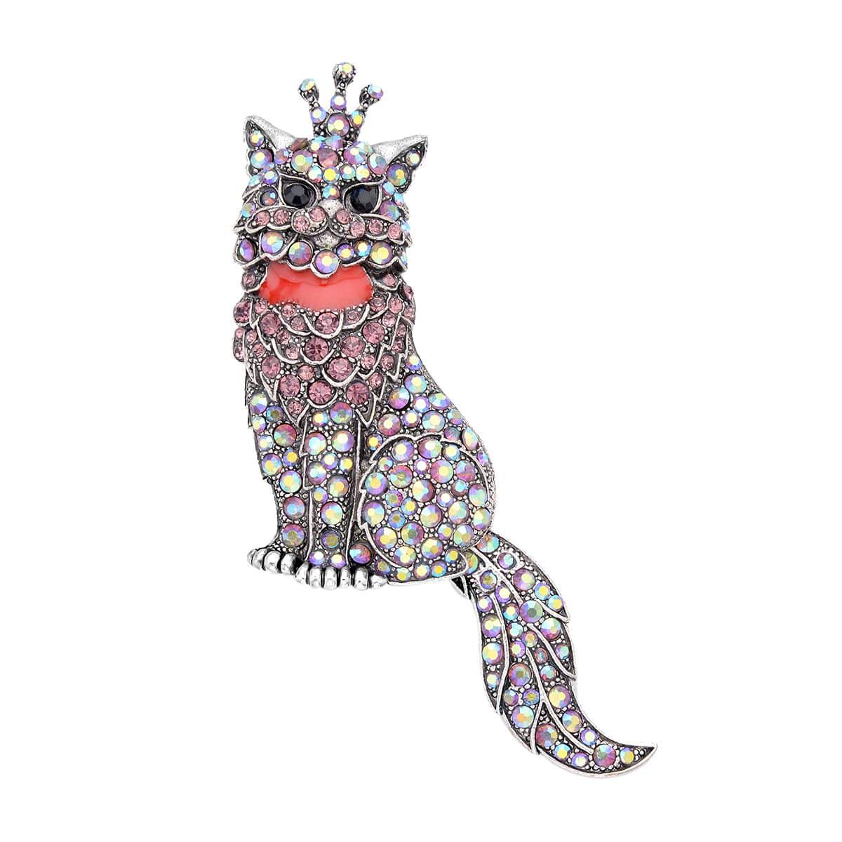 Multi Color Austrian Crystal Cat Brooch in Silvertone image number 0