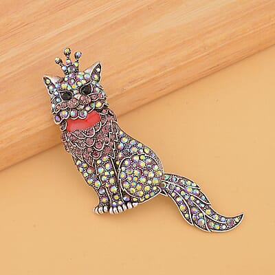 Multi Color Austrian Crystal Cat Brooch in Silvertone