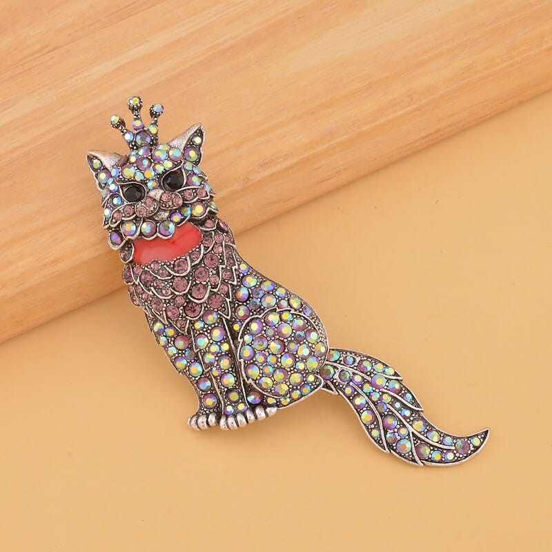 Multi Color Austrian Crystal Cat Brooch in Silvertone