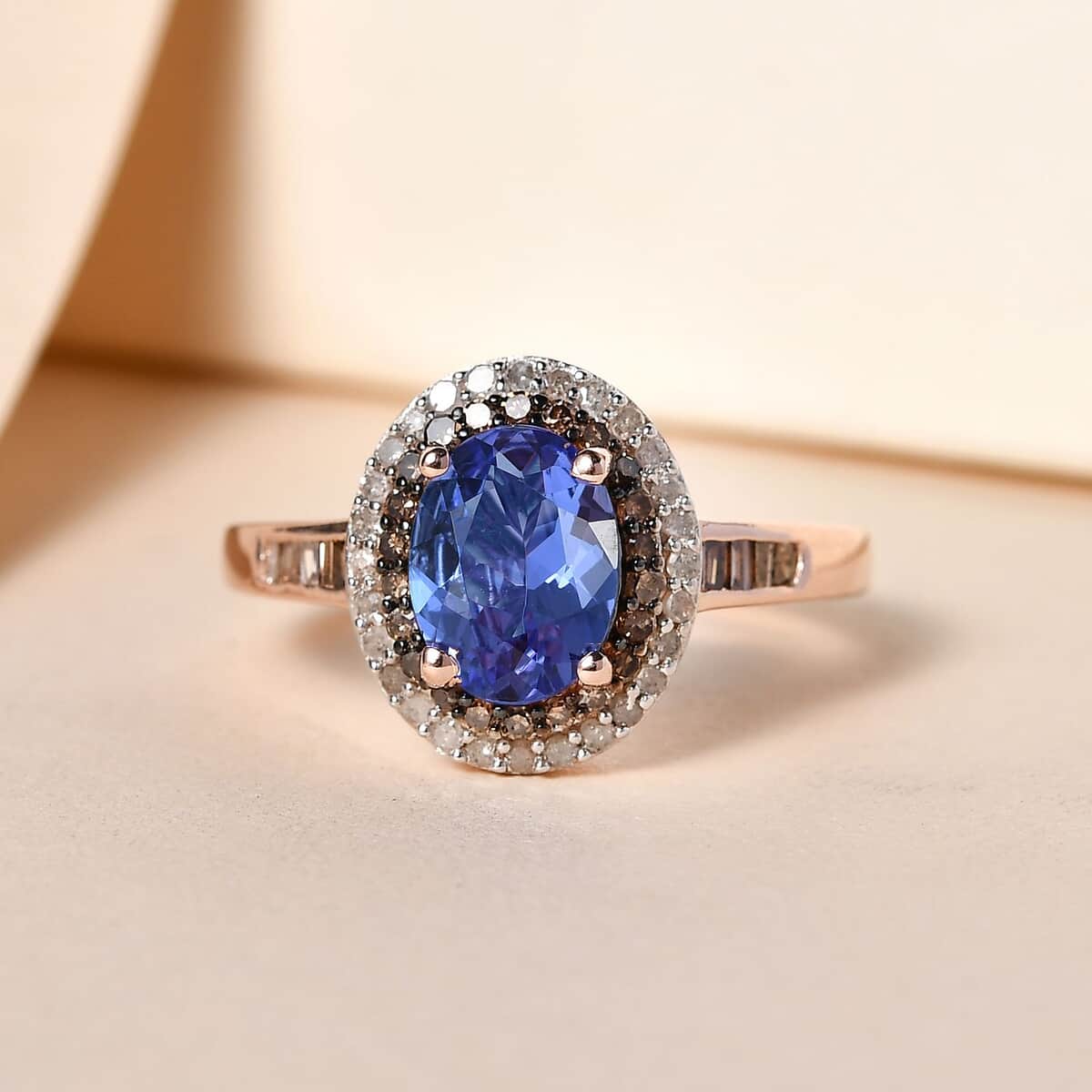 Tanzanite, Natural Champagne and White Diamond Double Halo Ring in Vermeil Rose Gold Over Sterling Silver (Size 10.0) 1.50 ctw image number 1