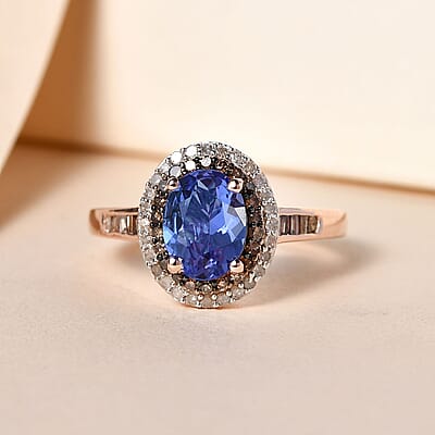 Tanzanite, Natural Champagne and White Diamond Double Halo Ring in Vermeil Rose Gold Over Sterling Silver (Size 10.0) 1.50 ctw