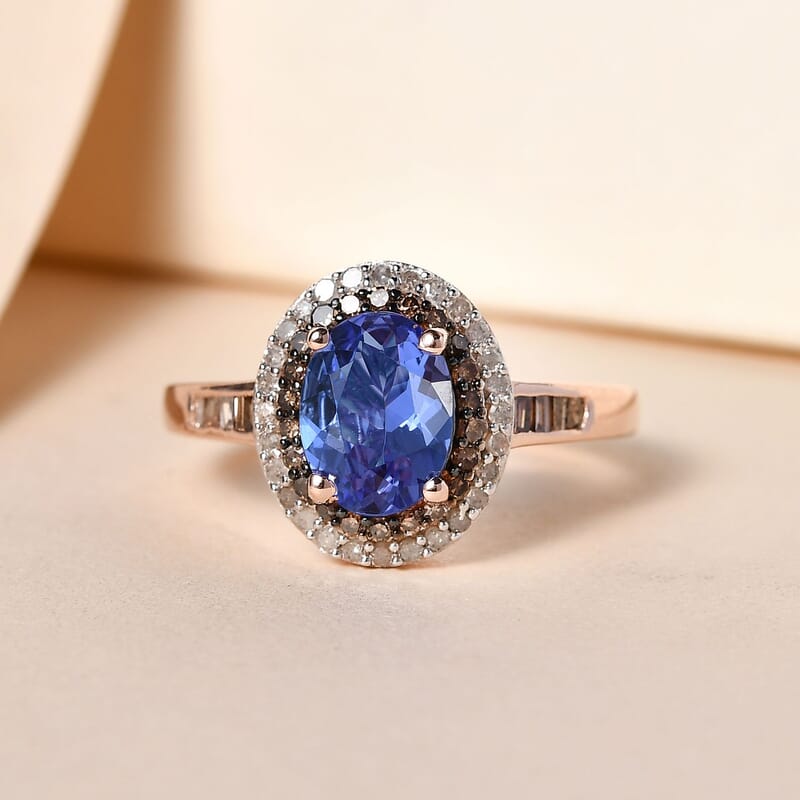 Tanzanite, Natural Champagne and White Diamond Double Halo Ring in Vermeil Rose Gold Over Sterling Silver (Size 10.0) 1.50 ctw