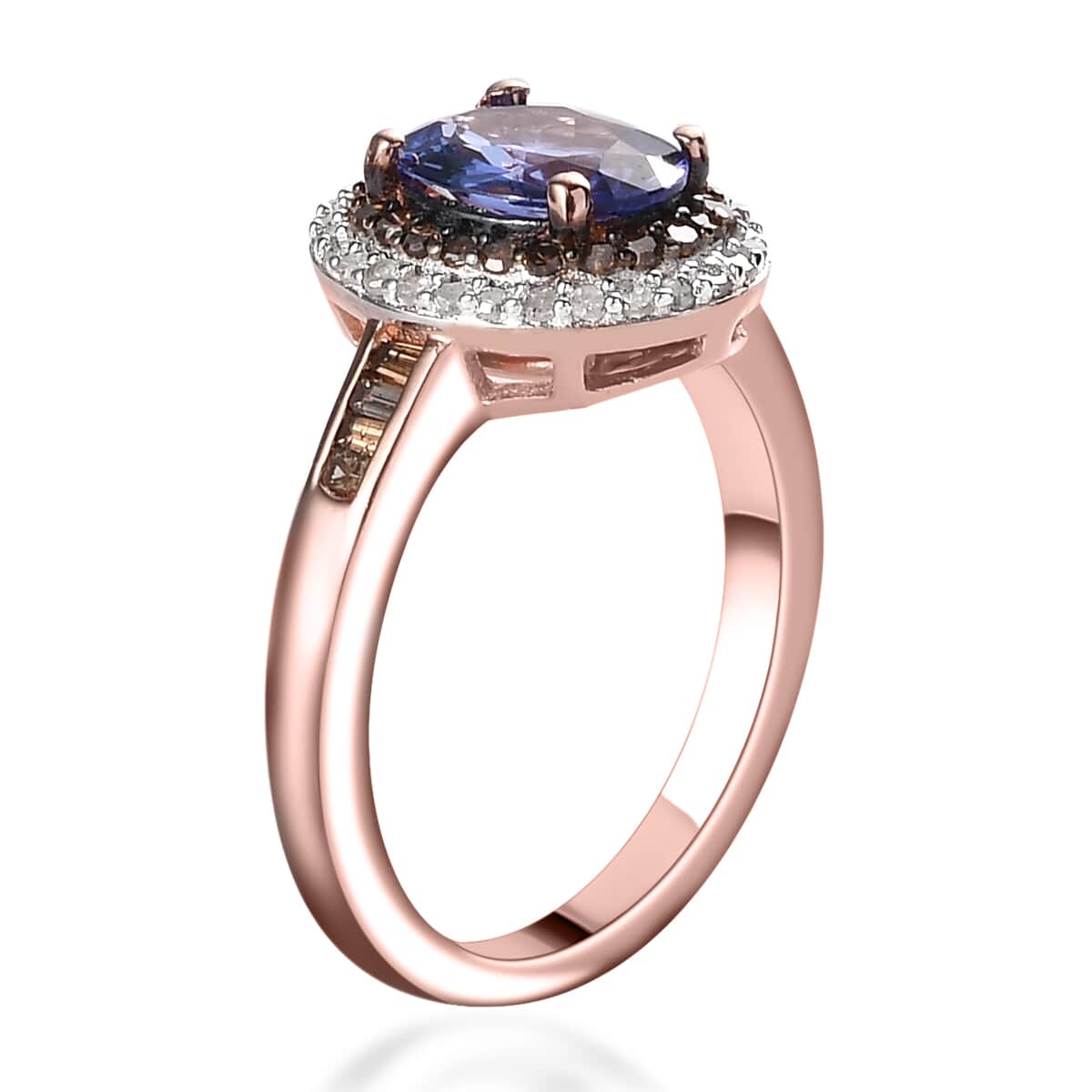 Tanzanite, Natural Champagne and White Diamond Double Halo Ring in Vermeil Rose Gold Over Sterling Silver (Size 10.0) 1.50 ctw image number 3