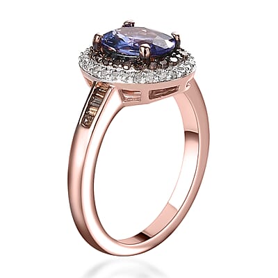 Tanzanite, Natural Champagne and White Diamond Double Halo Ring in Vermeil Rose Gold Over Sterling Silver (Size 10.0) 1.50 ctw
