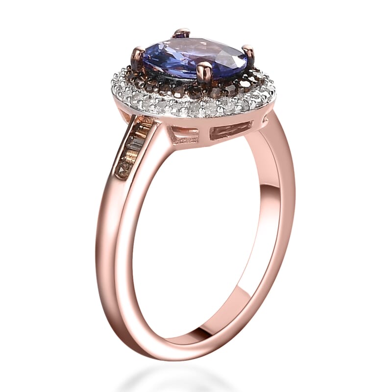 Tanzanite, Natural Champagne and White Diamond Double Halo Ring in Vermeil Rose Gold Over Sterling Silver (Size 10.0) 1.50 ctw
