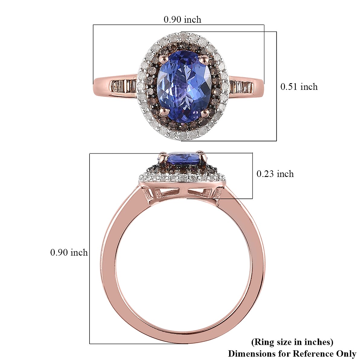 Tanzanite, Natural Champagne and White Diamond Double Halo Ring in Vermeil Rose Gold Over Sterling Silver (Size 10.0) 1.50 ctw