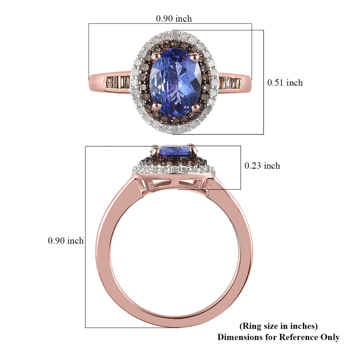 Tanzanite, Natural Champagne and White Diamond Double Halo Ring in Vermeil Rose Gold Over Sterling Silver (Size 10.0) 1.50 ctw image number 5