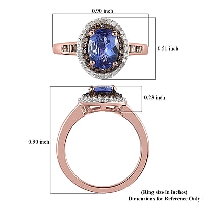 Tanzanite, Natural Champagne and White Diamond Double Halo Ring in Vermeil Rose Gold Over Sterling Silver (Size 10.0) 1.50 ctw