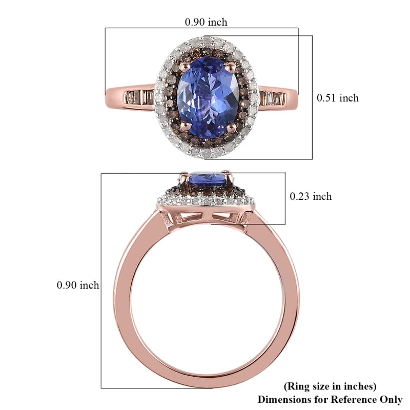 Tanzanite, Natural Champagne and White Diamond Double Halo Ring in Vermeil Rose Gold Over Sterling Silver (Size 10.0) 1.50 ctw