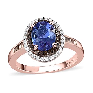 Tanzanite, Natural Champagne and White Diamond Double Halo Ring in Vermeil Rose Gold Over Sterling Silver (Size 5.0) 1.50 ctw