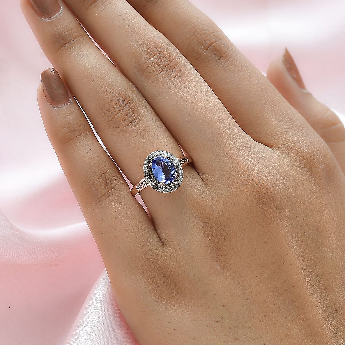 Tanzanite, Natural Champagne and White Diamond Double Halo Ring in Vermeil Rose Gold Over Sterling Silver (Size 5.0) 1.50 ctw image number 2