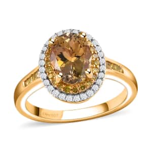 Golden Tanzanite, Yellow and White Diamond Double Halo Ring in Vermeil Yellow Gold Over Sterling Silver (Size 7.0) 1.75 ctw