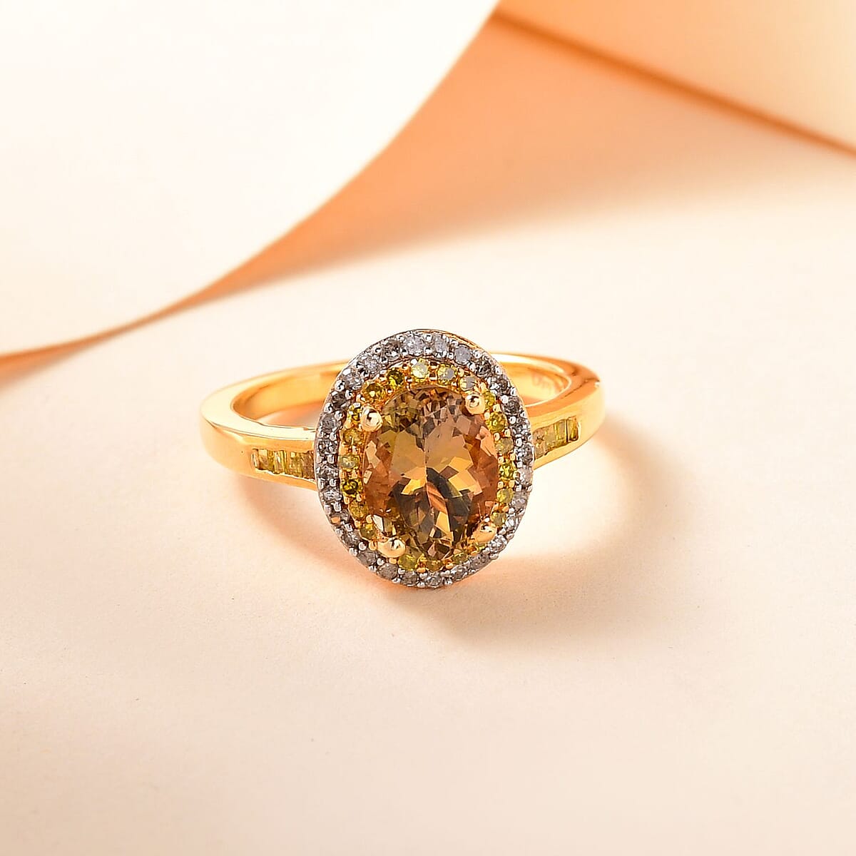 Golden Tanzanite, Yellow and White Diamond Double Halo Ring in Vermeil Yellow Gold Over Sterling Silver (Size 7.0) 1.75 ctw image number 1