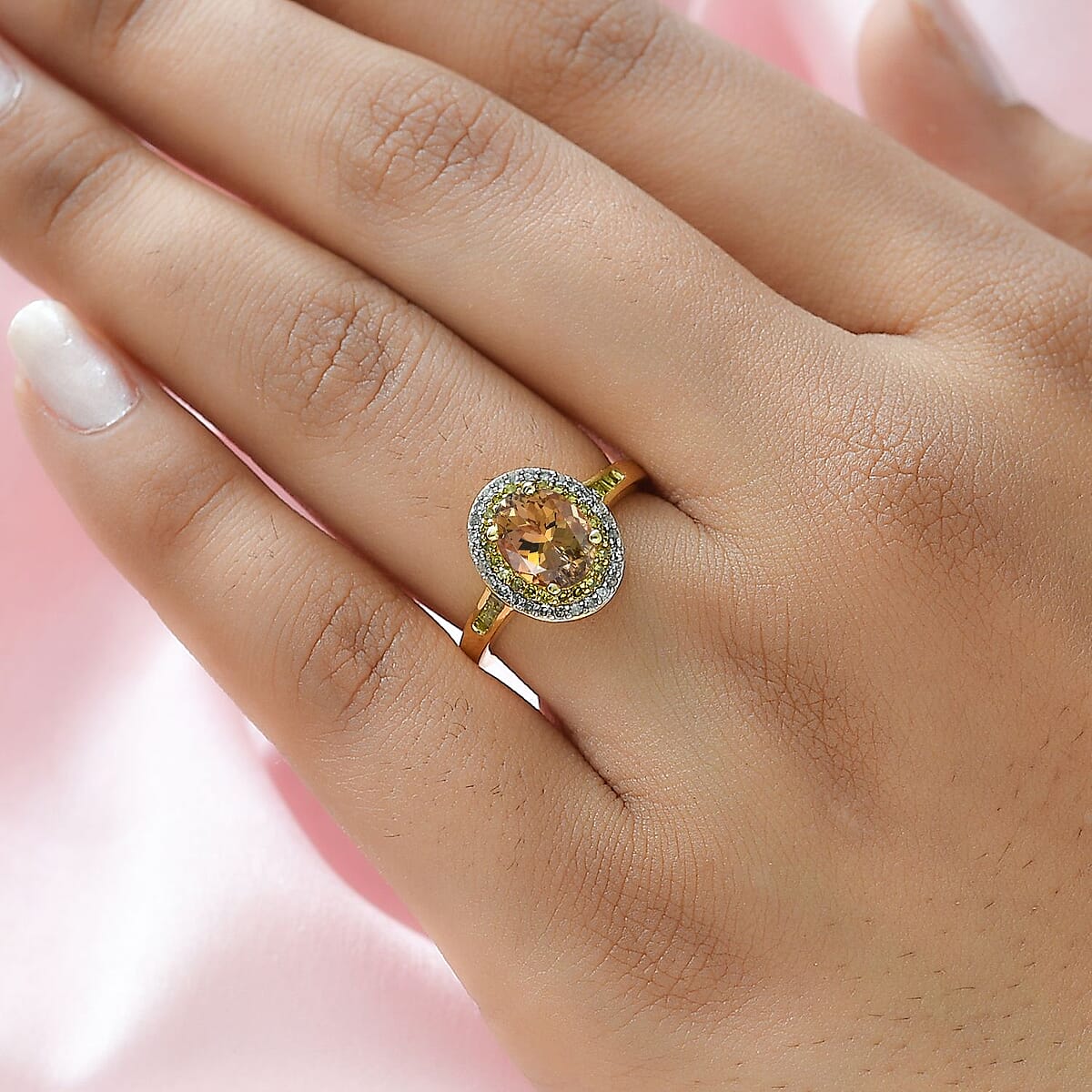 Golden Tanzanite, Yellow and White Diamond Double Halo Ring in Vermeil Yellow Gold Over Sterling Silver (Size 7.0) 1.75 ctw image number 2