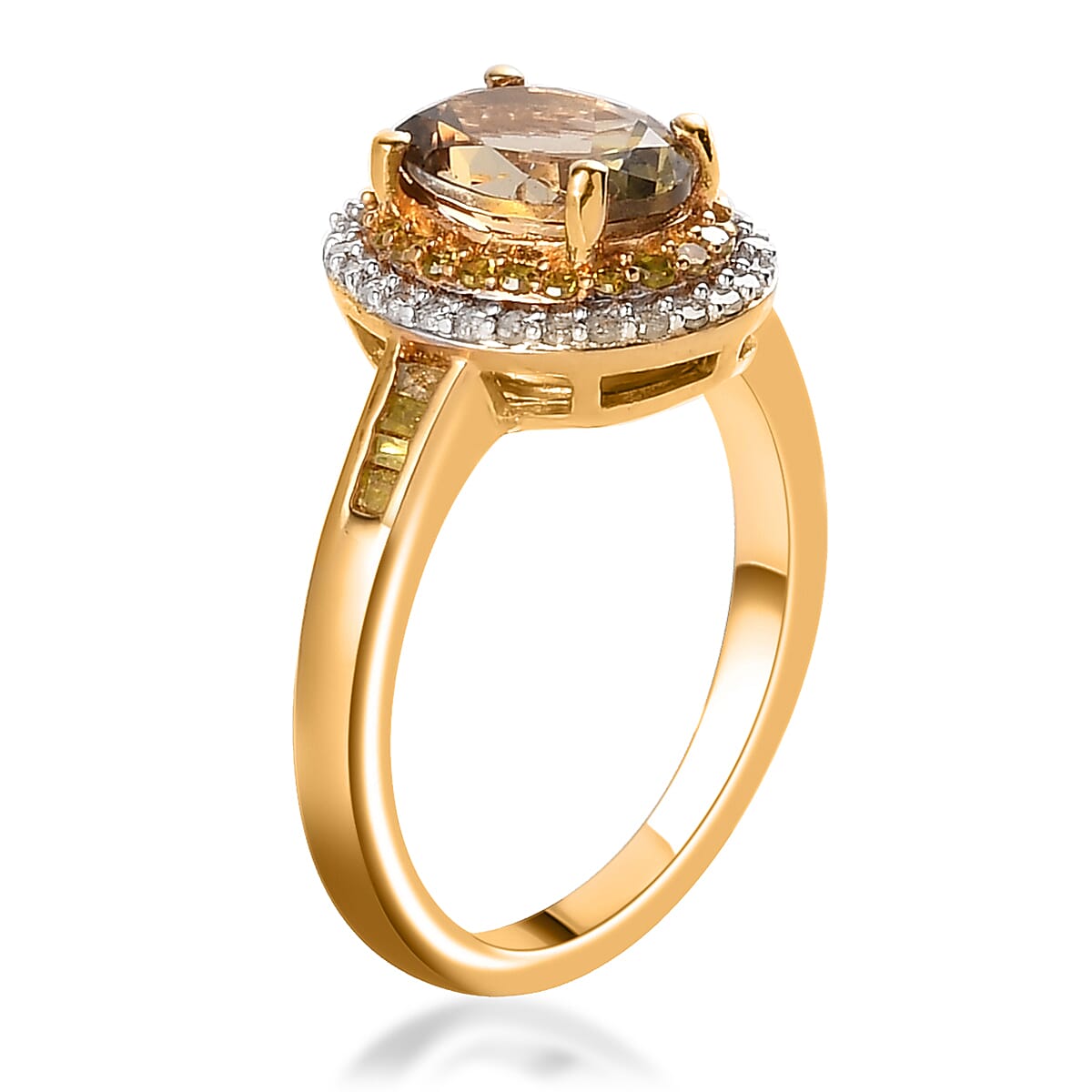 Golden Tanzanite, Yellow and White Diamond Double Halo Ring in Vermeil Yellow Gold Over Sterling Silver (Size 7.0) 1.75 ctw image number 3