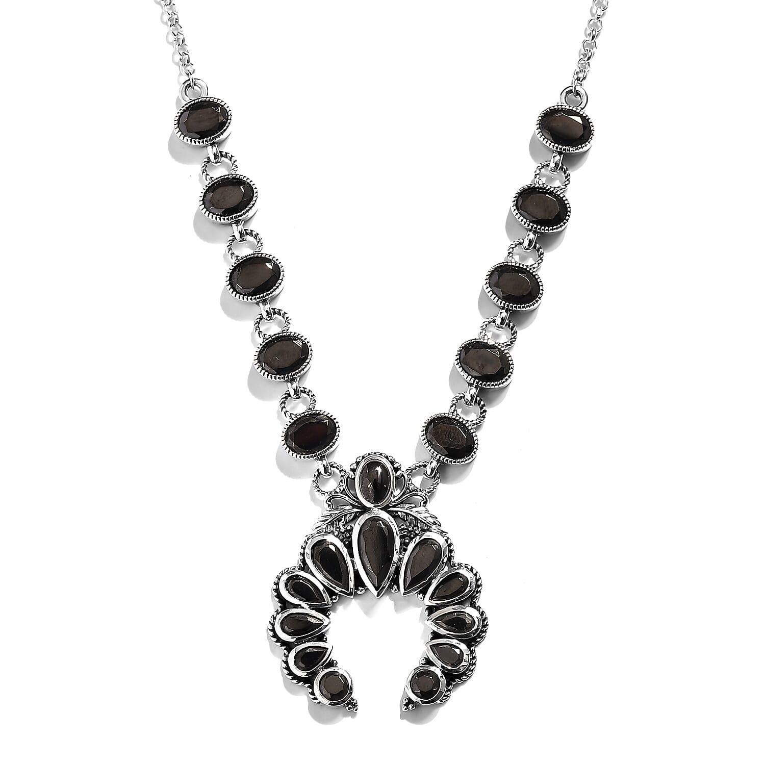 Artisan Crafted Elite Shungite Squash Blossom Necklace 18 Inches in Sterling Silver 8.35 ctw