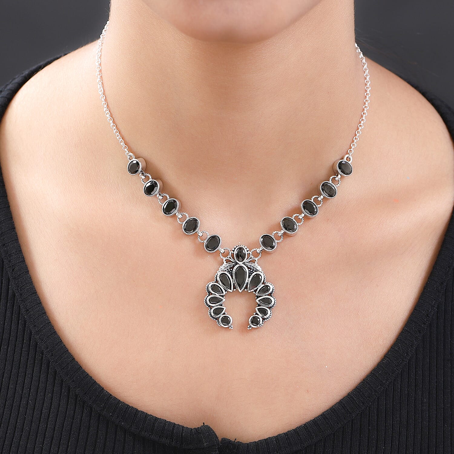 Artisan Crafted Elite Shungite Squash Blossom Necklace 18 Inches in Sterling Silver 8.35 ctw