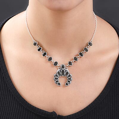 Artisan Crafted Elite Shungite Squash Blossom Necklace 18 Inches in Sterling Silver 8.35 ctw