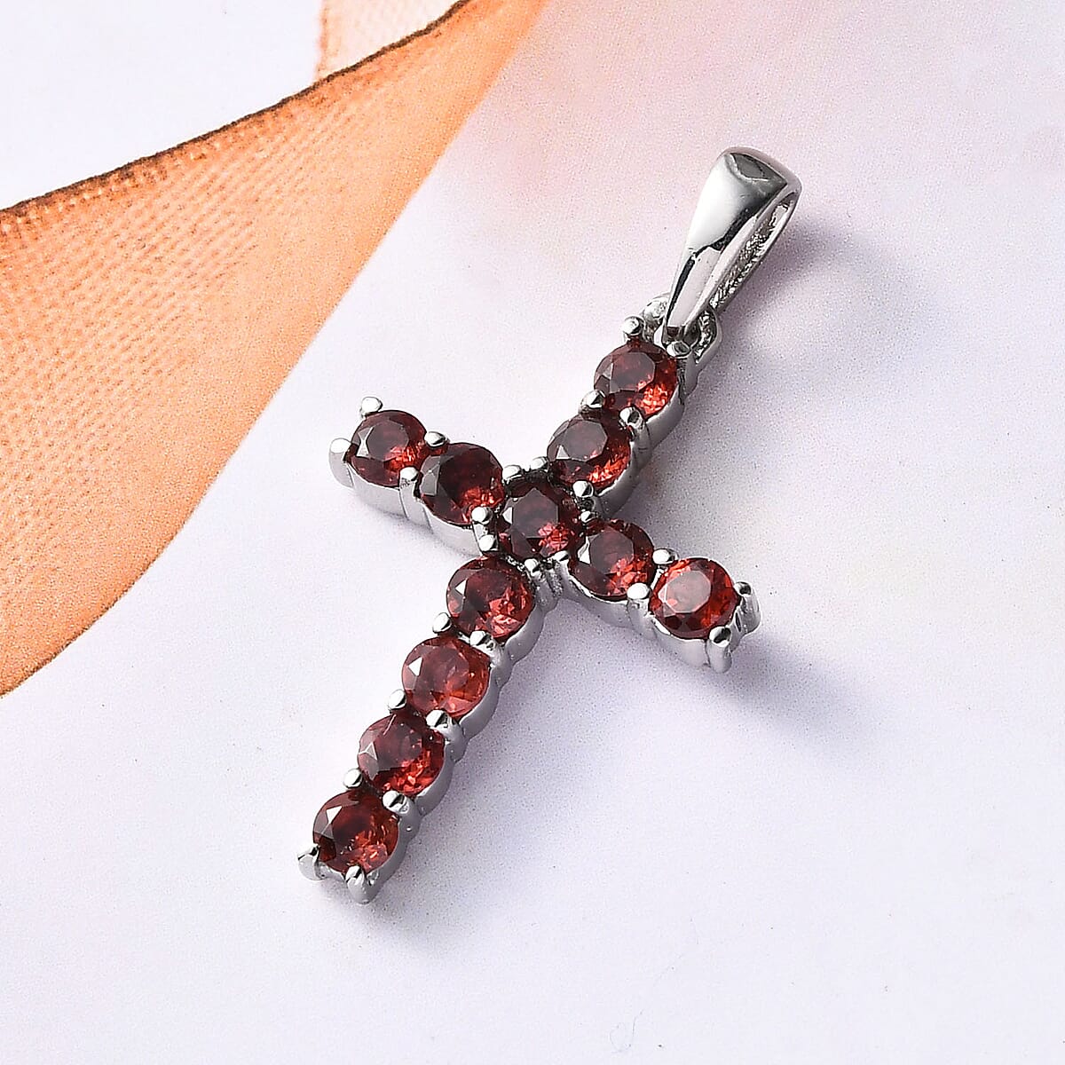 Mozambique Garnet Cross Pendant in Stainless Steel 1.25 ctw image number 1