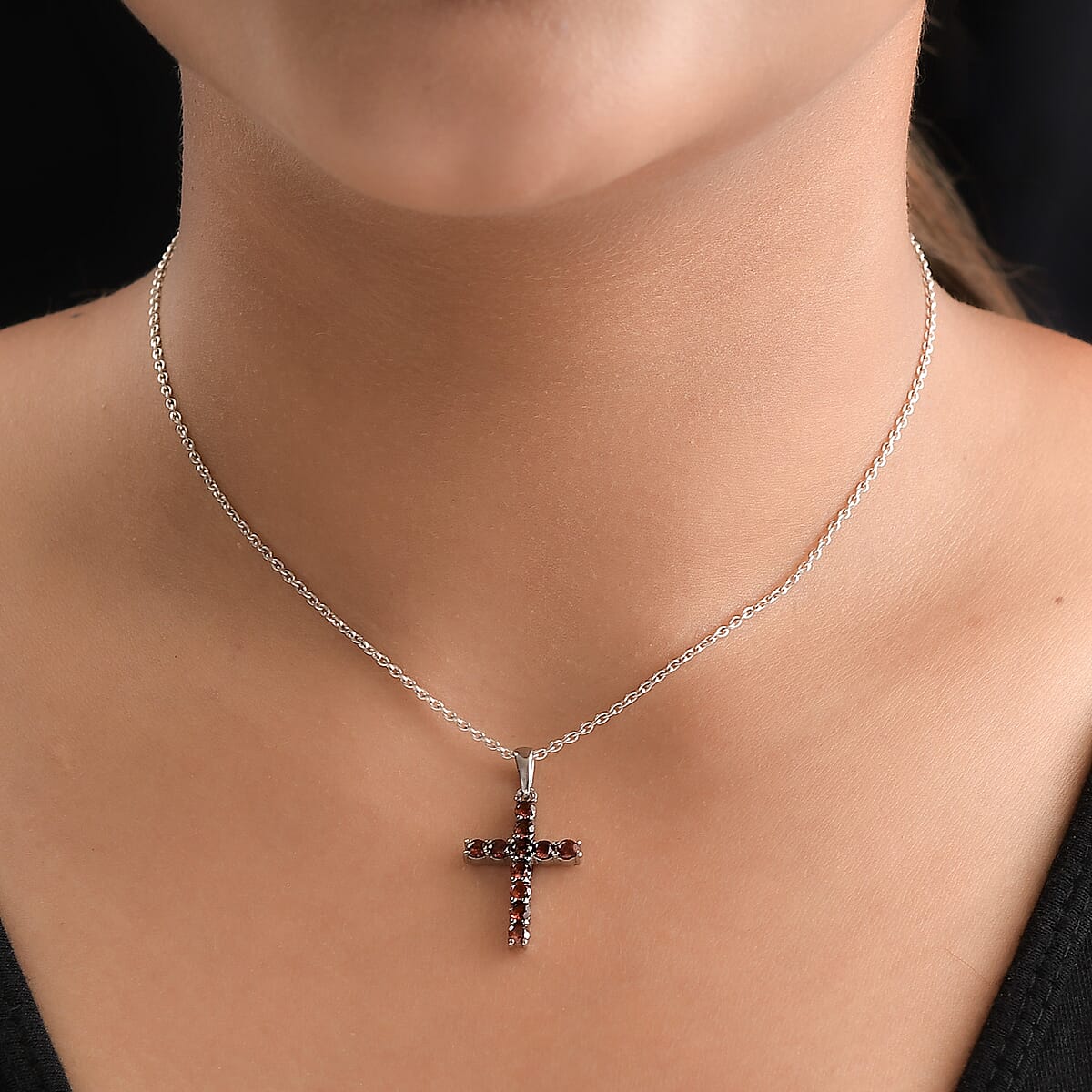 Mozambique Garnet Cross Pendant in Stainless Steel 1.25 ctw image number 3