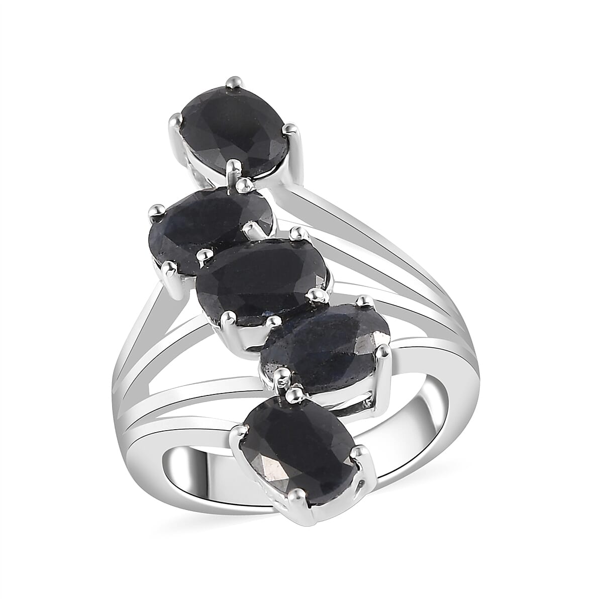 Australian Midnight Sapphire 5 Stone Ring in Platinum Over Sterling Silver (Size 10.0) 5.40 ctw