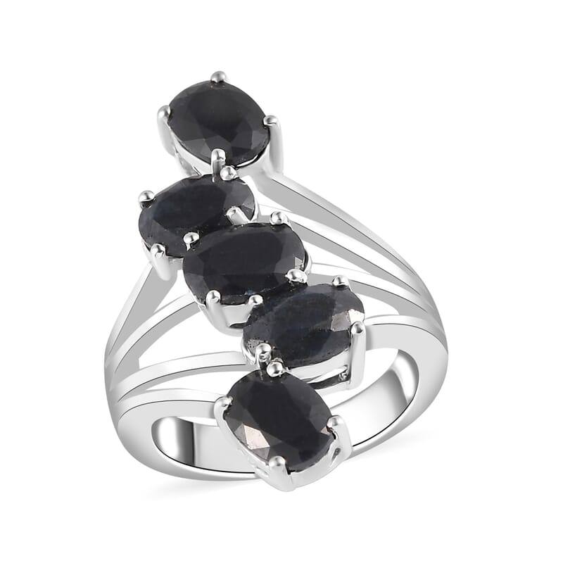 Australian Midnight Sapphire 5 Stone Ring in Platinum Over Sterling Silver (Size 10.0) 5.40 ctw