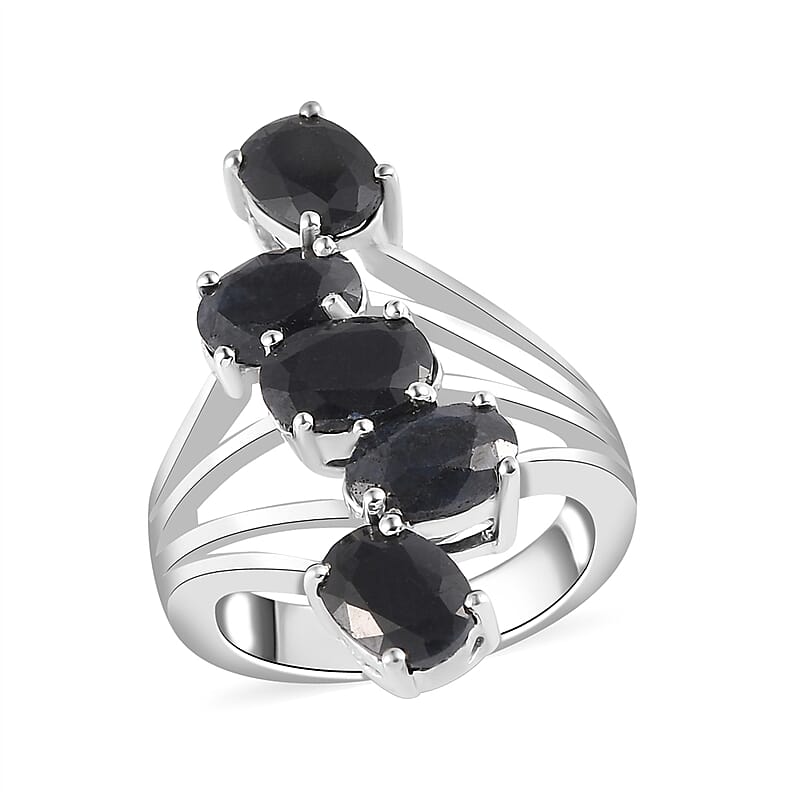 Australian Midnight Sapphire 5 Stone Ring in Platinum Over Sterling Silver (Size 10.0) 5.40 ctw