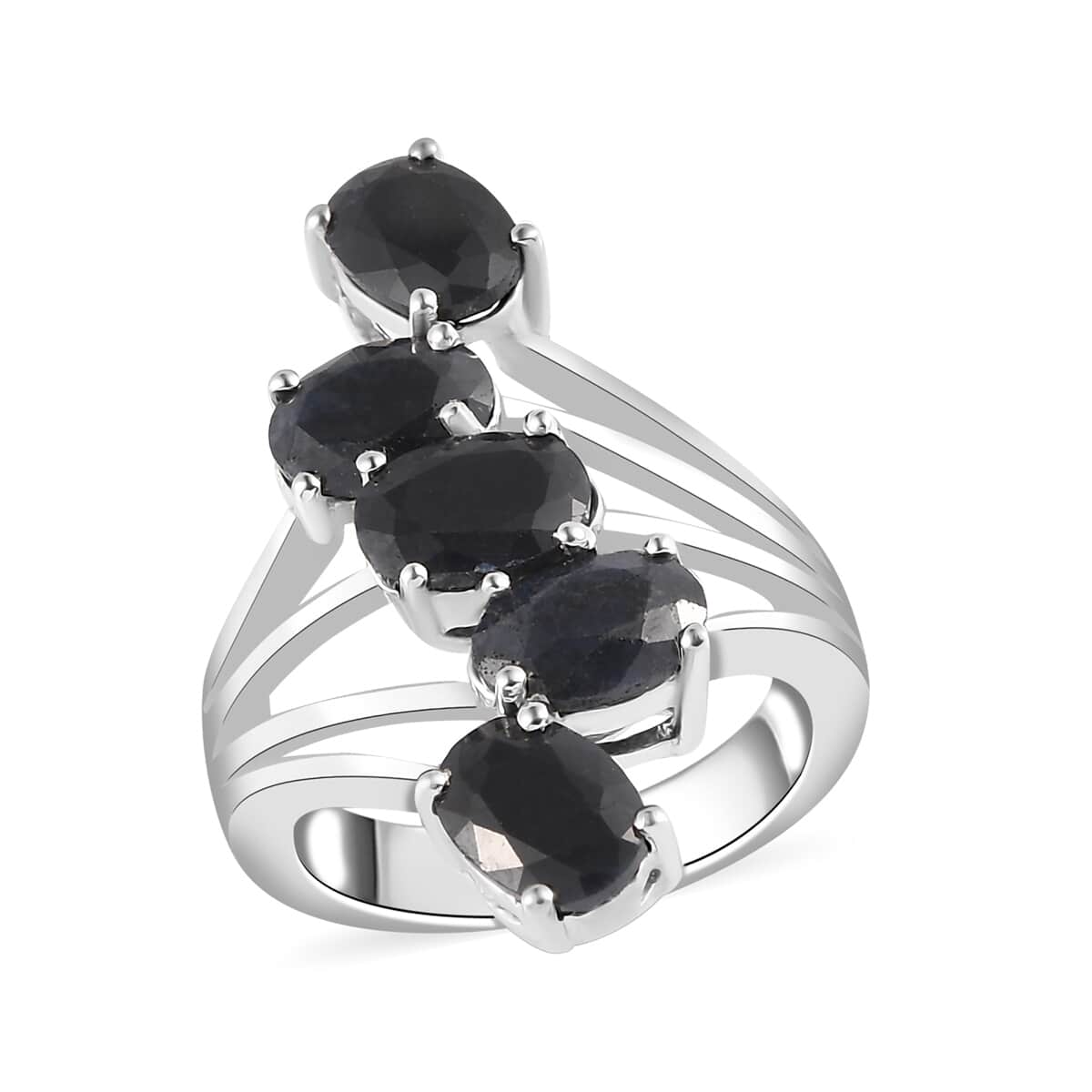 Australian Black Sapphire 5 Stone Ring in Platinum Over Sterling Silver 5.40 ctw image number 0