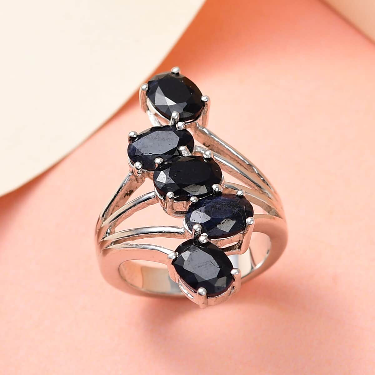 Australian Black Sapphire 5 Stone Ring in Platinum Over Sterling Silver 5.40 ctw image number 1