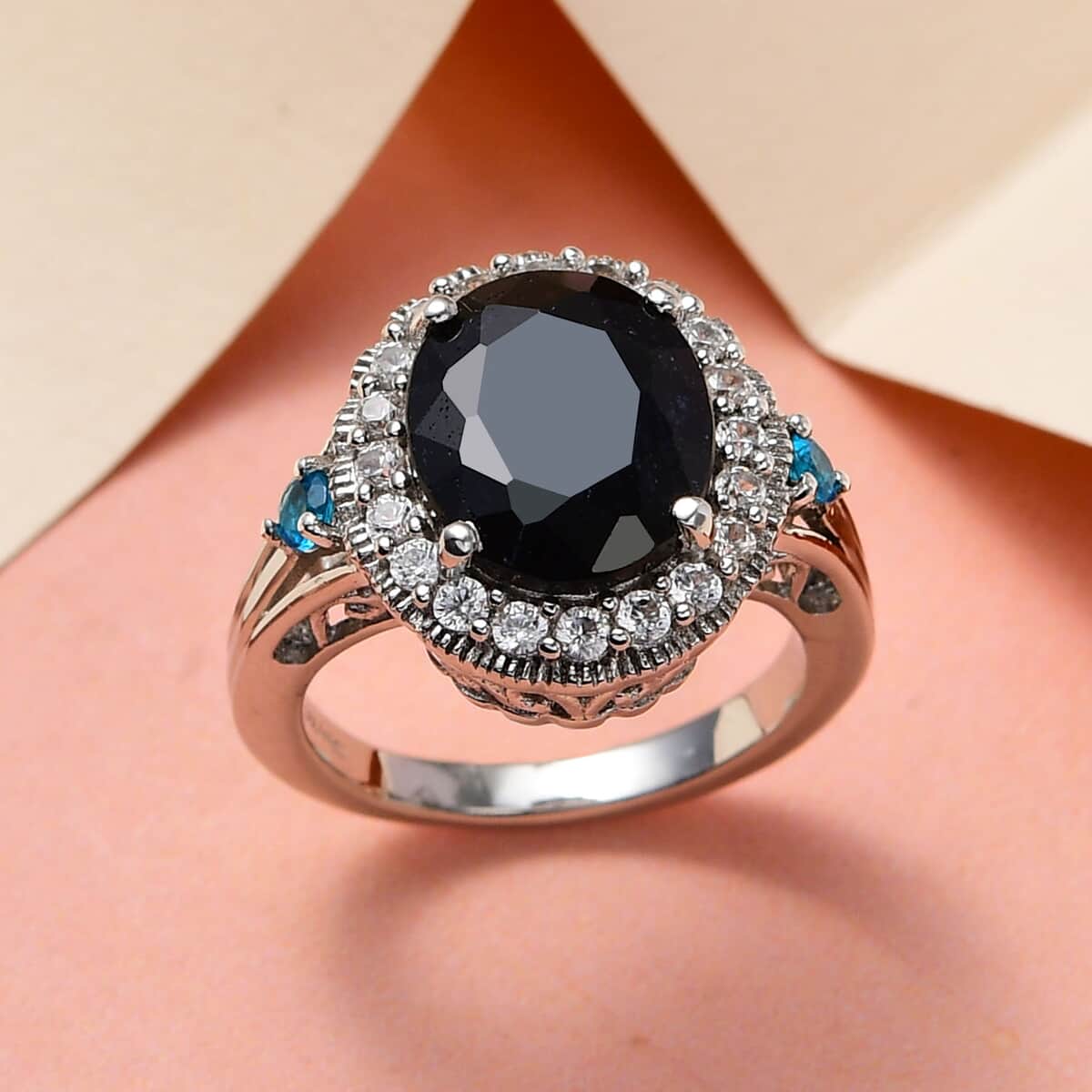Australian Black Sapphire and Multi Gemstone Ring in Platinum Over Sterling Silver 6.70 ctw image number 1