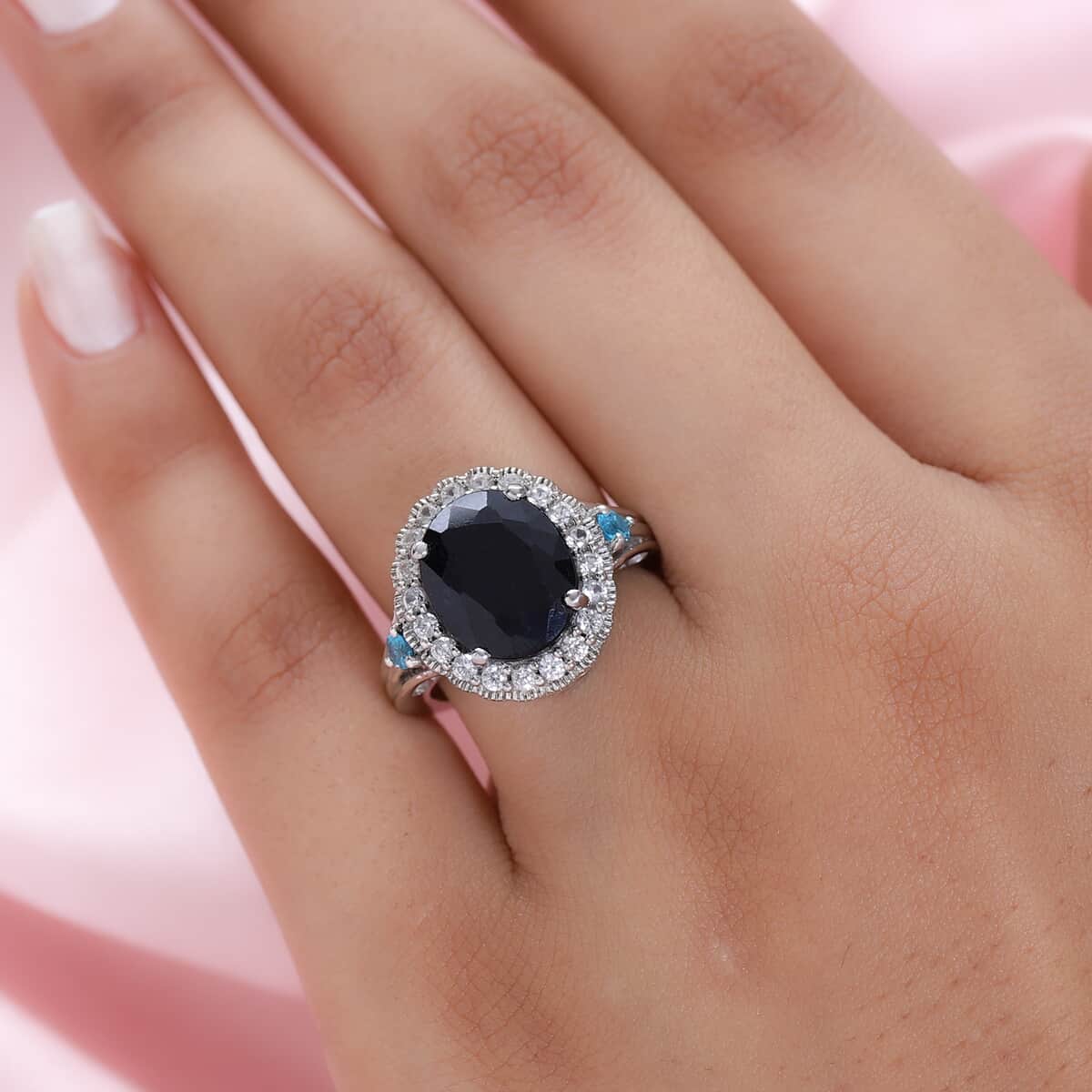 Australian Midnight Sapphire and Multi Gemstone Ring in Platinum Over Sterling Silver (Size 10.0) 6.70 ctw image number 2