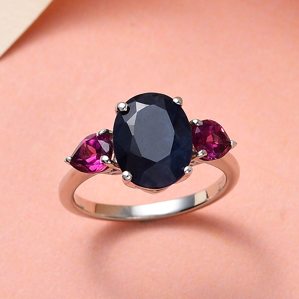 Midnight Sapphire and Orissa Rhodolite Garnet 3 Stone Ring in Platinum Over Sterling Silver (Size 5.0) 4.20 ctw image number 1
