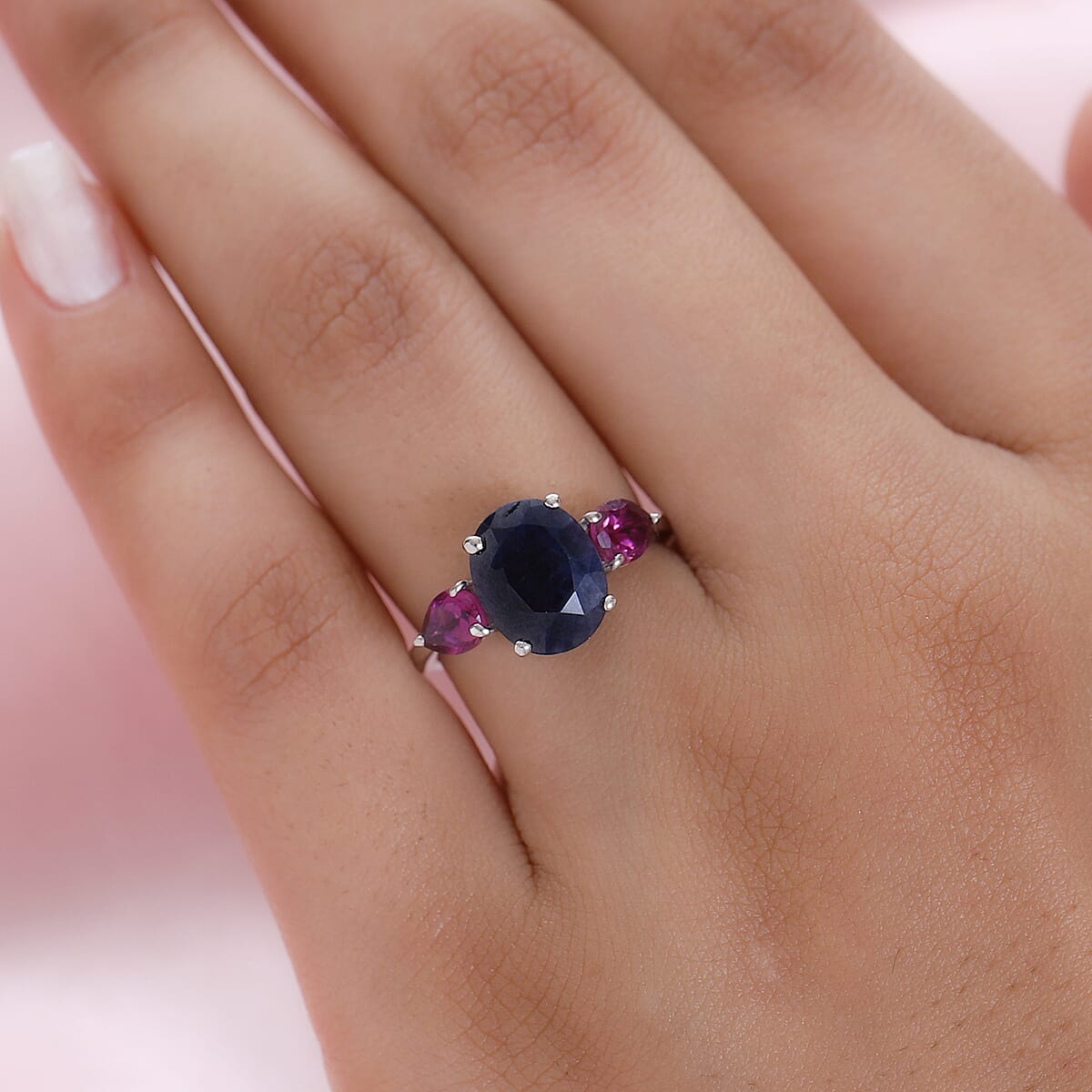 Midnight Sapphire and Orissa Rhodolite Garnet 3 Stone Ring in Platinum Over Sterling Silver (Size 5.0) 4.20 ctw image number 2