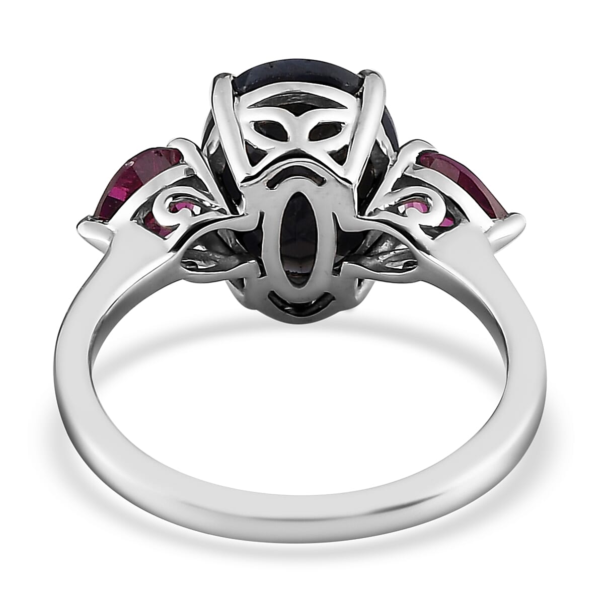 Midnight Sapphire and Orissa Rhodolite Garnet 3 Stone Ring in Platinum Over Sterling Silver (Size 5.0) 4.20 ctw image number 4