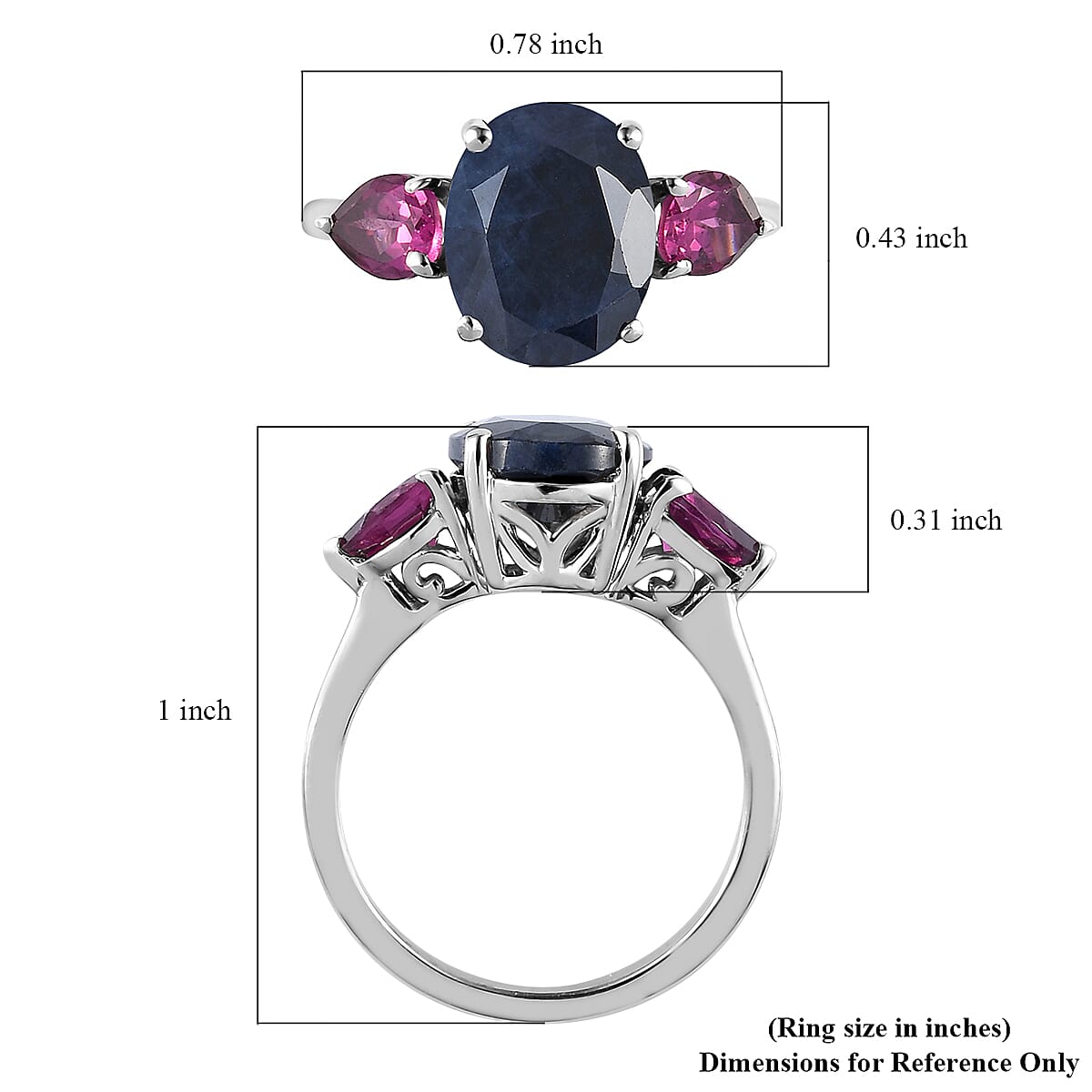 Midnight Sapphire and Orissa Rhodolite Garnet 3 Stone Ring in Platinum Over Sterling Silver (Size 5.0) 4.20 ctw image number 5